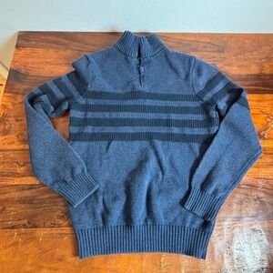 Tahari Mens Quarter Zip Sweater Blue Black Striped 100% Cotton Mock Neck Medium